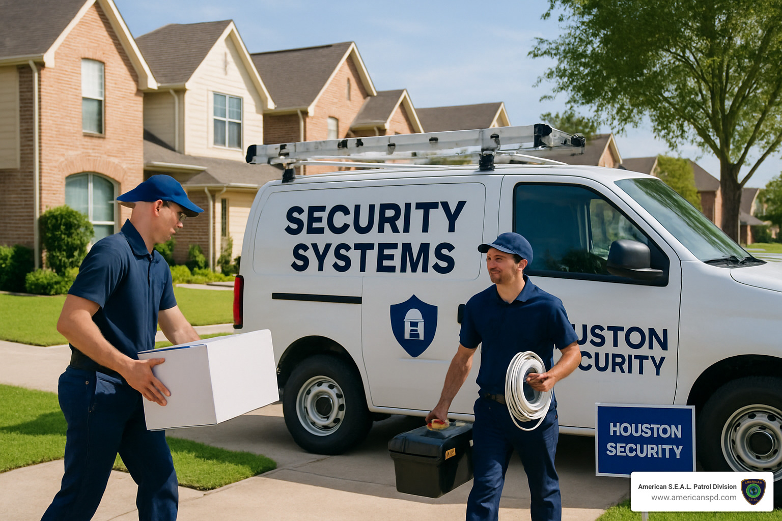 security system installation truck in houston neighborhood - Security system installation Houston
