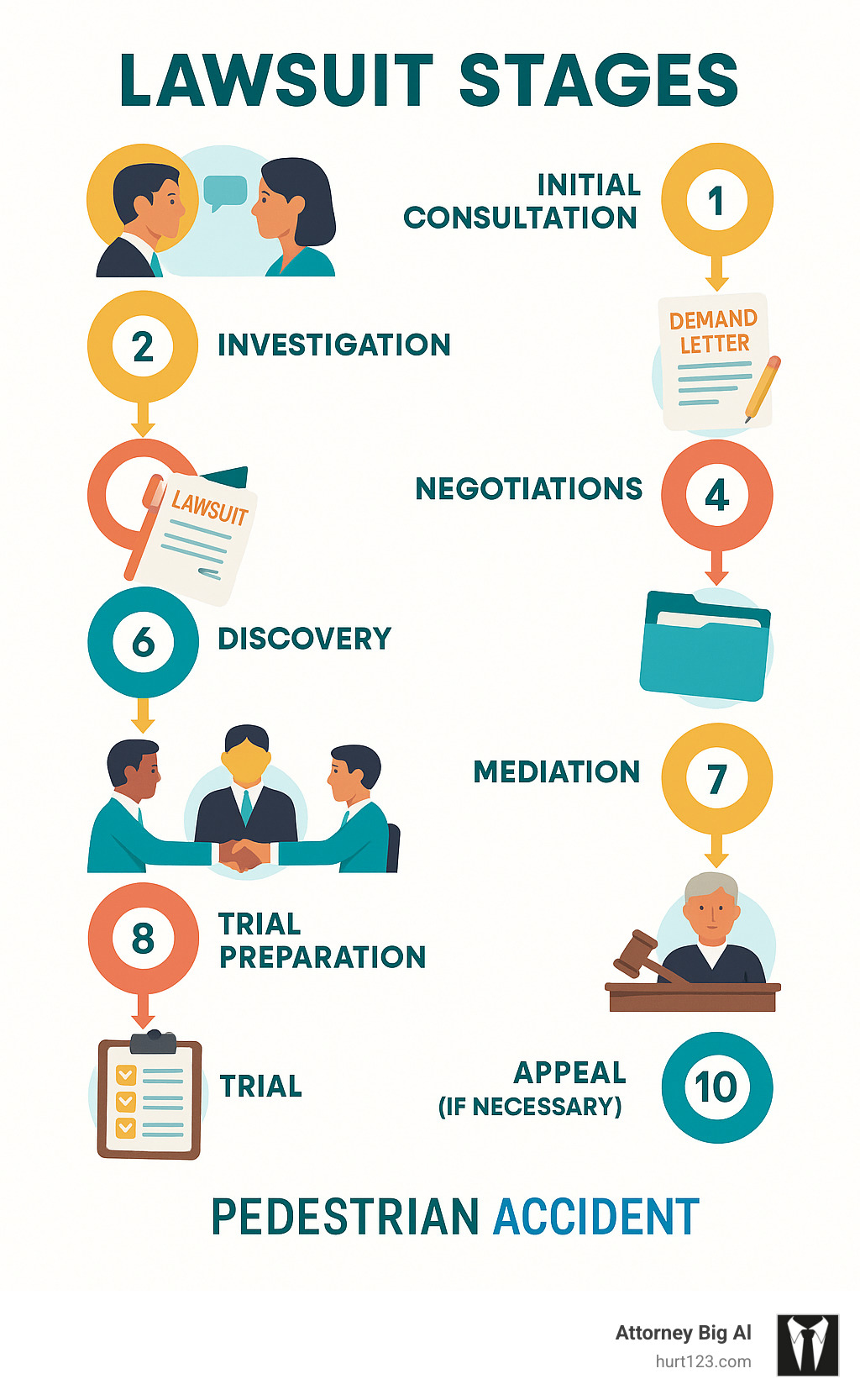 Lawsuit stages showing: 1) Initial consultation, 2) Investigation, 3) Demand letter, 4) Negotiations, 5) Filing lawsuit, 6) Findy, 7) Mediation, 8) Trial preparation, 9) Trial, 10) Appeal (if necessary) - pedestrian accident lawyer infographic 