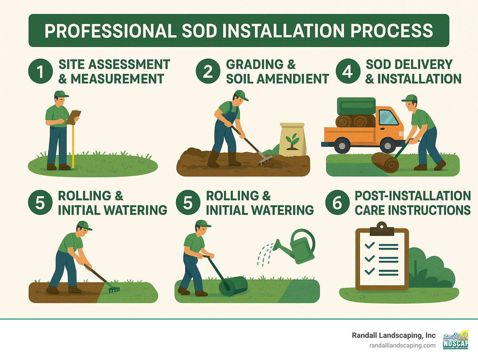 Professional Sod Installation Process showing 6 steps: 1. Site Assessment & Measurement, 2. Soil Preparation (removal of old turf, rototilling), 3. Grading & Soil Amendment, 4. Sod Delivery & Installation, 5. Rolling & Initial Watering, 6. Post-Installation Care Instructions - professional sod installation near me infographic