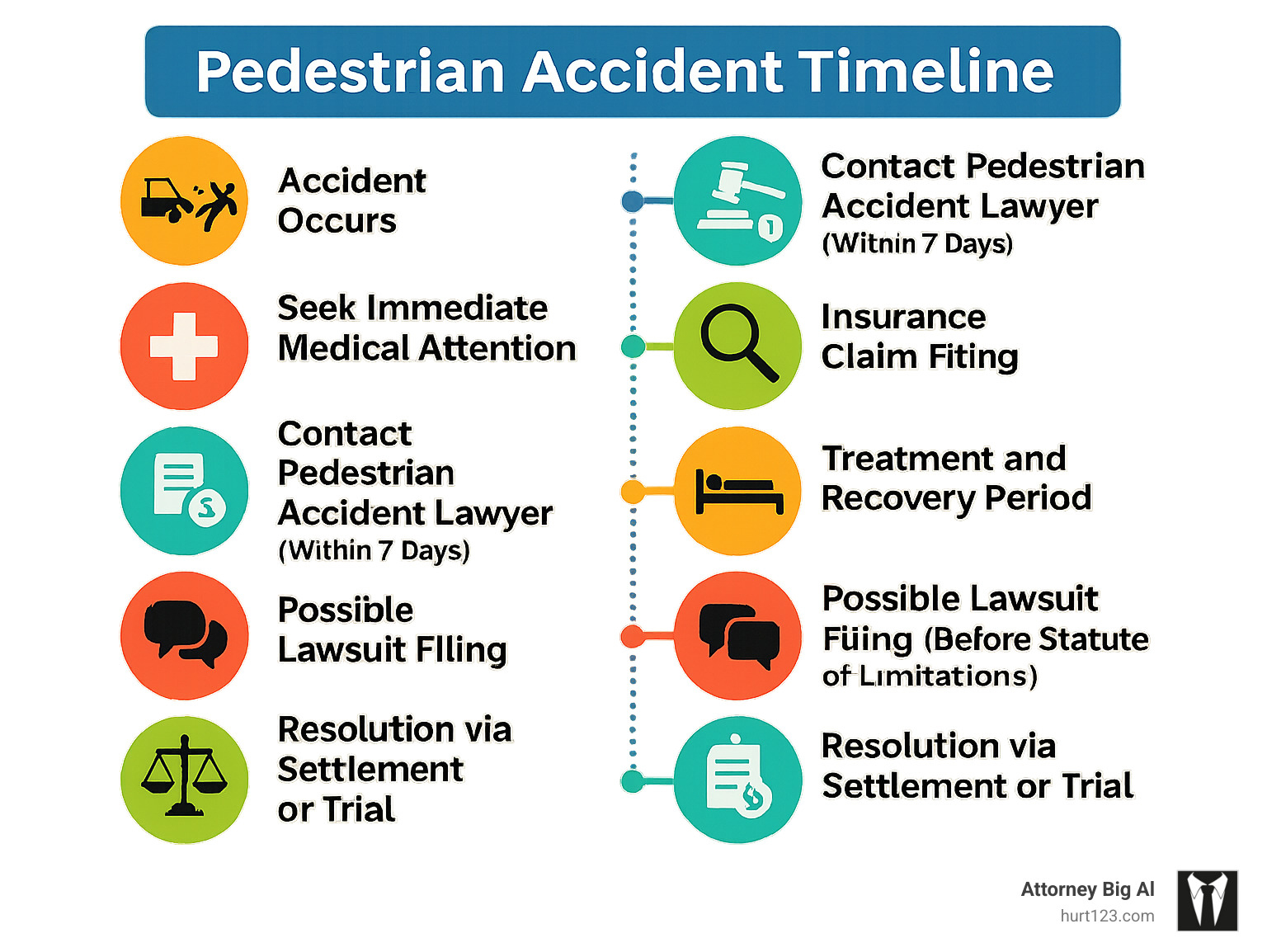 Pedestrian Accident Timeline showing: 1) Accident occurs, 2) Seek immediate medical attention, 3) Contact pedestrian accident lawyer (ideally within 7 days), 4) Investigation and evidence gathering, 5) Insurance claim filing, 6) Treatment and recovery period, 7) Settlement negotiations, 8) Possible lawsuit filing (before statute of limitations), 9) Resolution via settlement or trial - pedestrian accident lawyer infographic 
