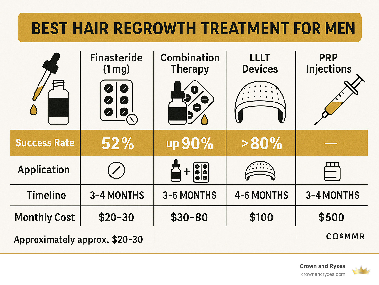Comparison of the most effective hair regrowth treatments for men showing minoxidil, finasteride, combination therapy, LLLT devices, and PRP injections with their success rates, application methods, timeline to results, and approximate monthly costs - best hair regrowth treatment for men infographic 