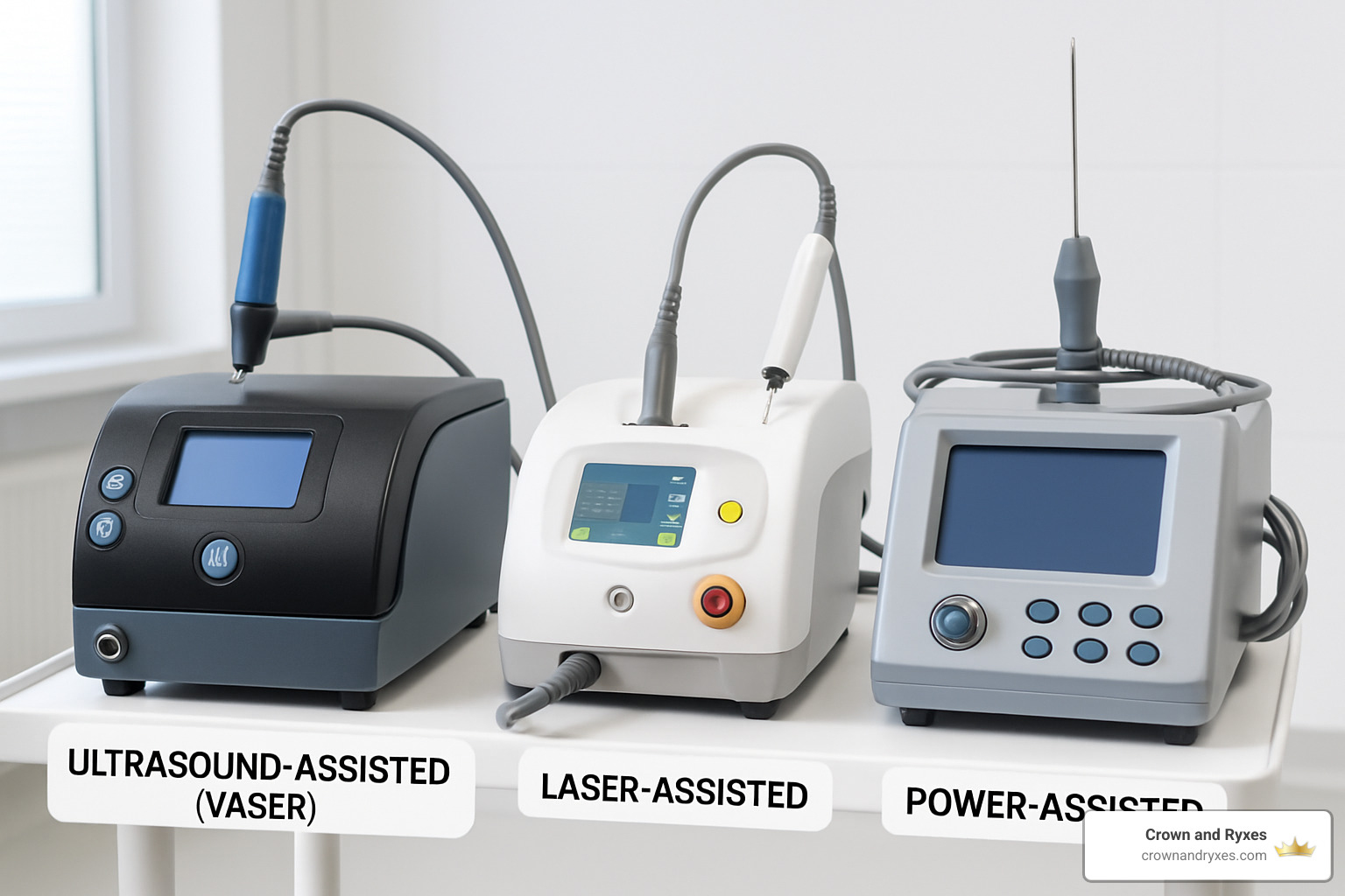Various liposuction devices showing different technologies like ultrasound, laser, and power-assisted systems - Liposuction