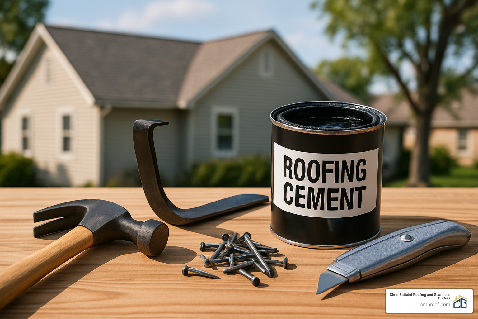 toolkit for roof repair including hammer, pry bar, roofing nails, utility knife, and roofing cement - asphalt shingle roof repair