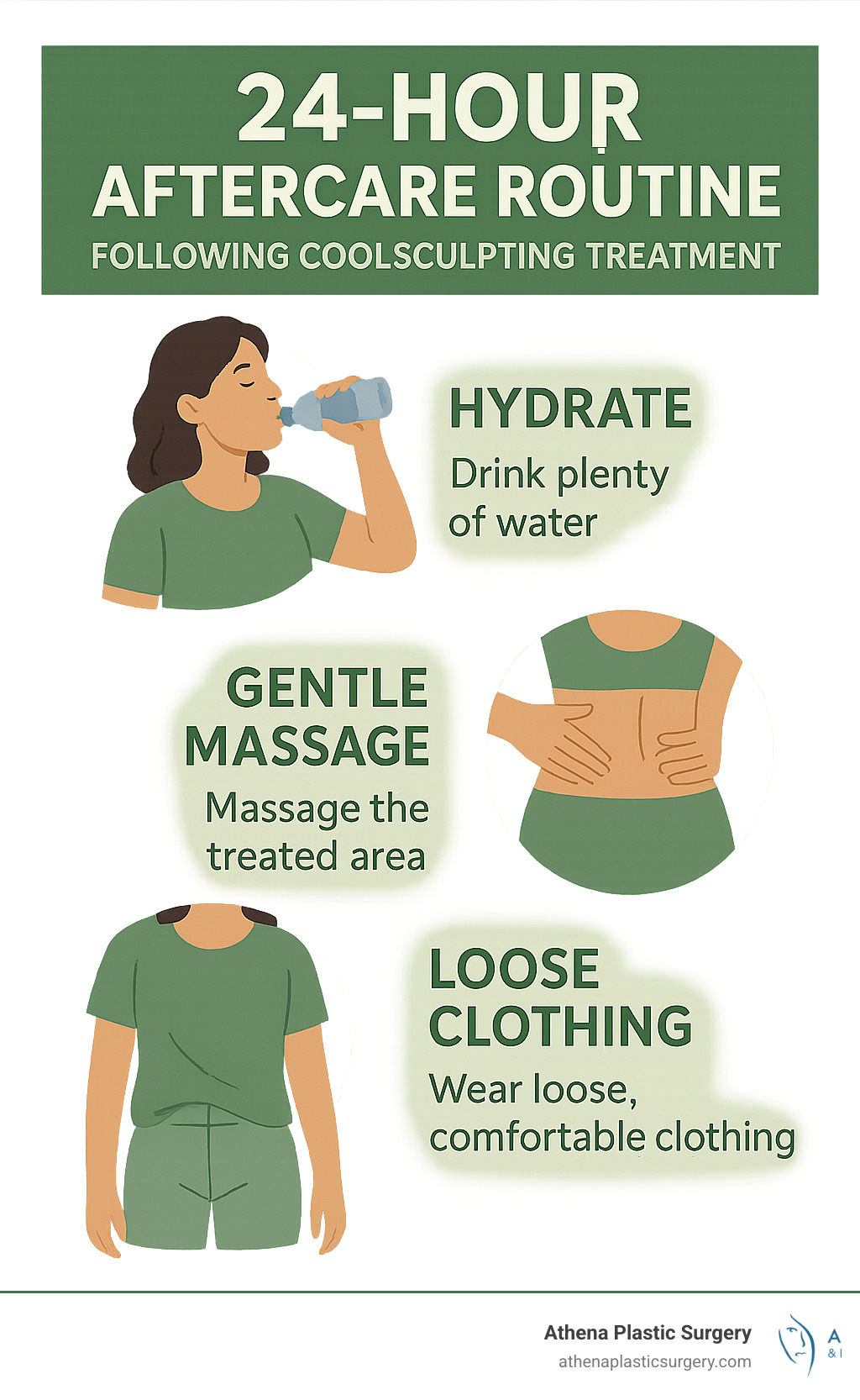 24-hour aftercare routine following CoolSculpting treatment, including hydration, gentle massage, and loose clothing recommendations - coolsculpting back fat west palm beach infographic 24-hour aftercare routine following CoolSculpting treatment, including hydration, gentle massage, and loose clothing recommendations - coolsculpting back fat west palm beach infographic