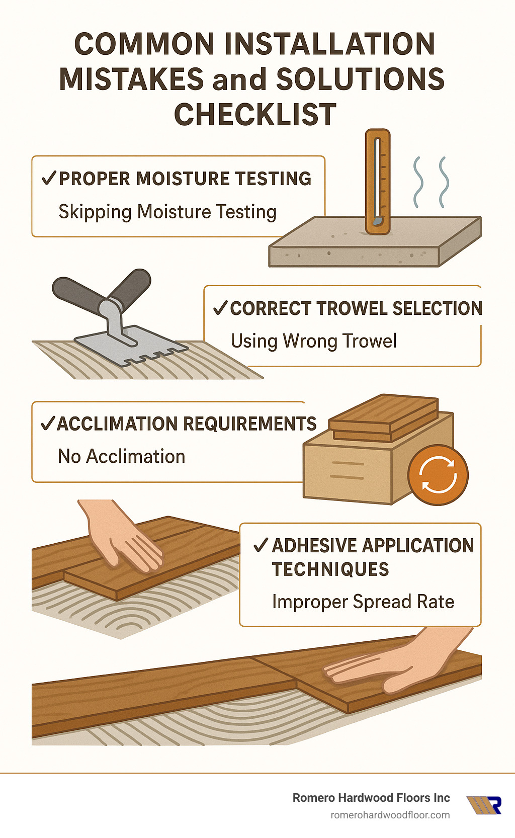 Common installation mistakes and solutions checklist showing proper moisture testing, correct trowel selection, acclimation requirements, and adhesive application techniques - best way to install engineered hardwood flooring on concrete slab infographic 