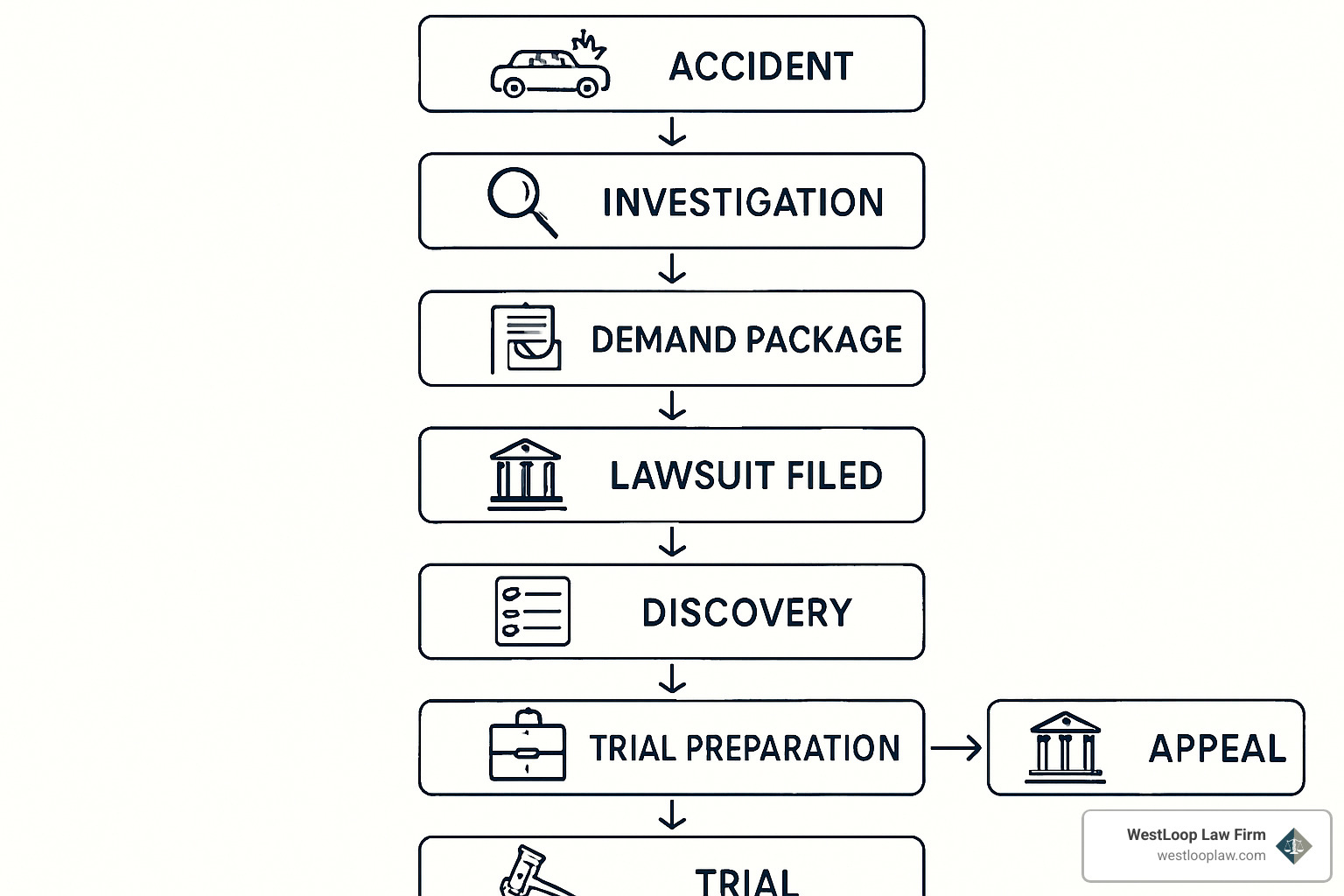 Civil litigation flowchart showing progression from accident to investigation, demand package, lawsuit filing, findy, mediation, trial preparation, trial, and potential appeal - houston semi truck accident attorney