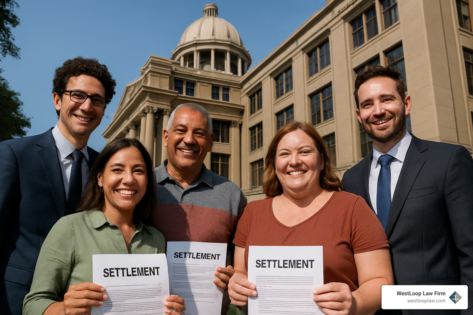 Satisfied clients standing with their attorneys outside a Houston courthouse after successfully resolving a semi-truck accident case - houston semi truck accident attorney