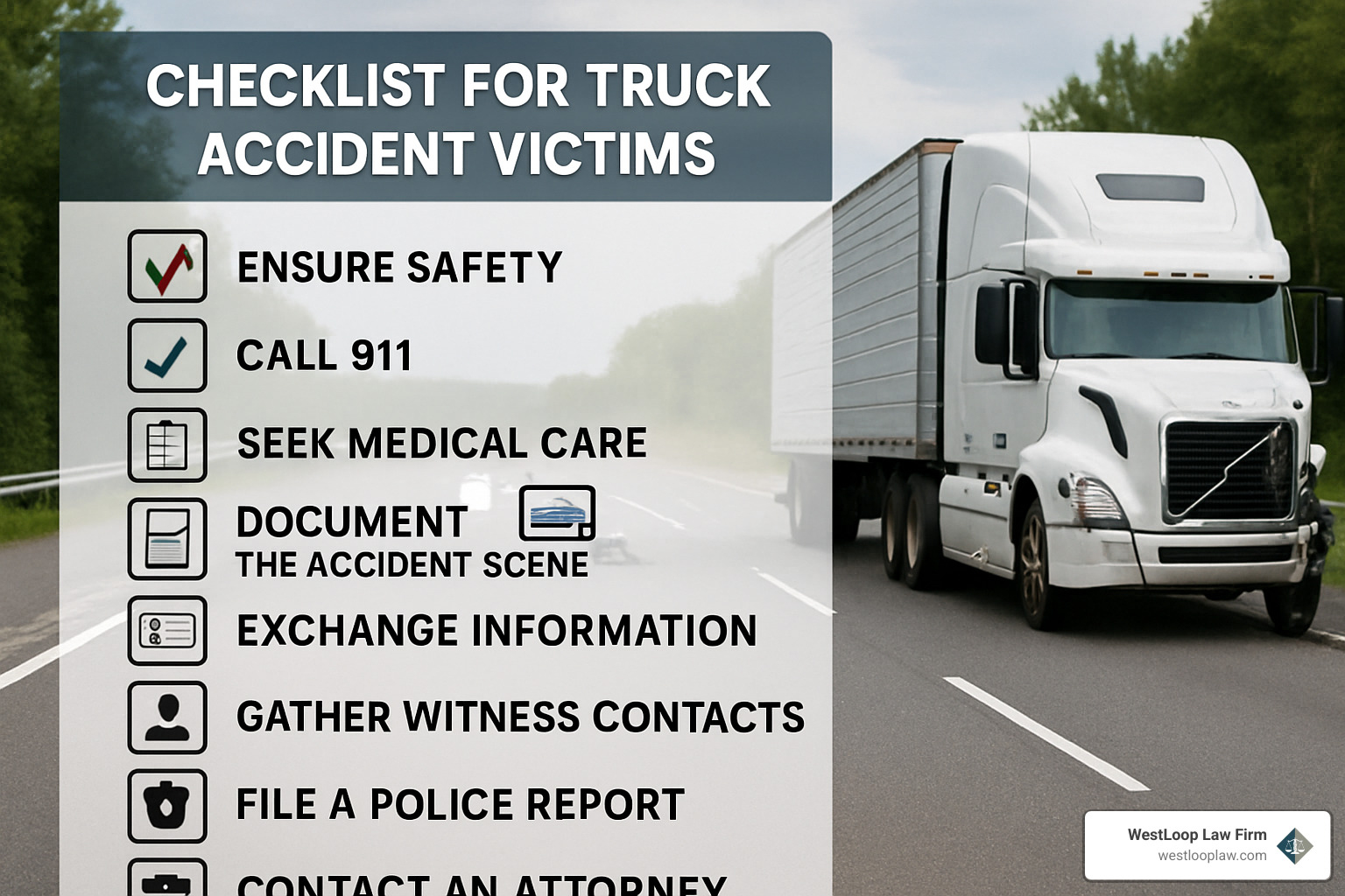 Checklist for truck accident victims showing steps to take at the scene: ensure safety, call 911, seek medical care, document scene, exchange information, gather witness contacts, file police report, contact attorney - houston semi truck accident attorney
