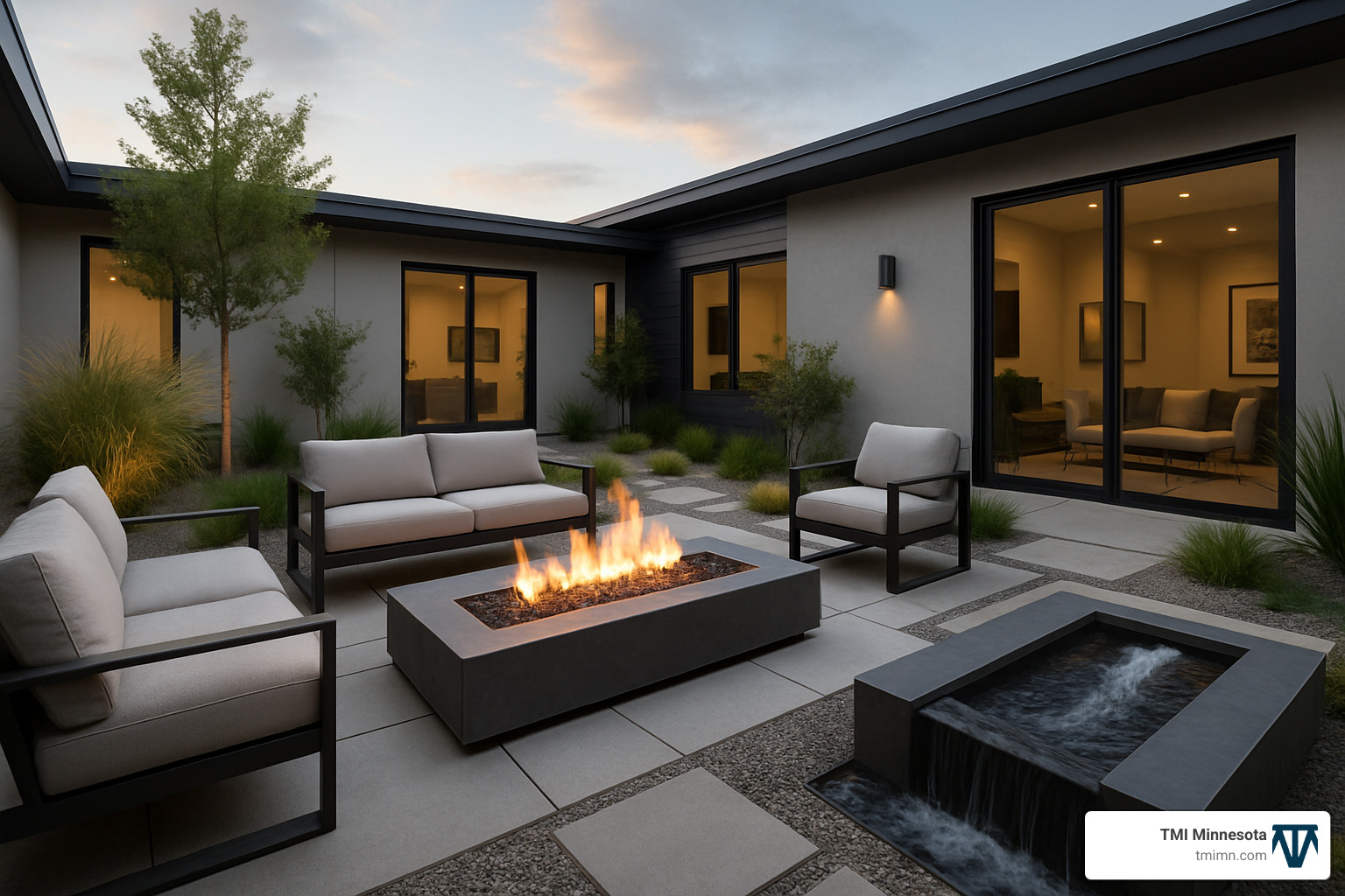 564c74c0e1414e5ba7975bf870b2bdd669d807fc Courtyard Design Ideas: 6 Stylish Outdoor Retreats Discover Courtyard design ideas to transform your outdoor space into a stylish, functional oasis with expert tips and inspiring visuals. courtyard with modern fire pit and small water feature - Courtyard design ideas