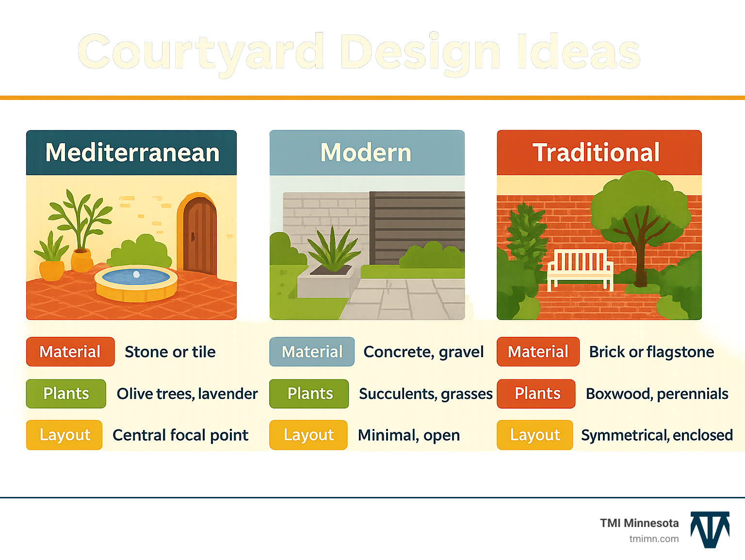 455517e5a61fa1fc48f54bc76c2a634dfb5de409 Courtyard Design Ideas: 6 Stylish Outdoor Retreats Discover Courtyard design ideas to transform your outdoor space into a stylish, functional oasis with expert tips and inspiring visuals. Comparison of courtyard designs showing Mediterranean, Modern, and Traditional styles with key elements highlighted for each including material choices, plant selections, and layout considerations - Courtyard design ideas infographic
