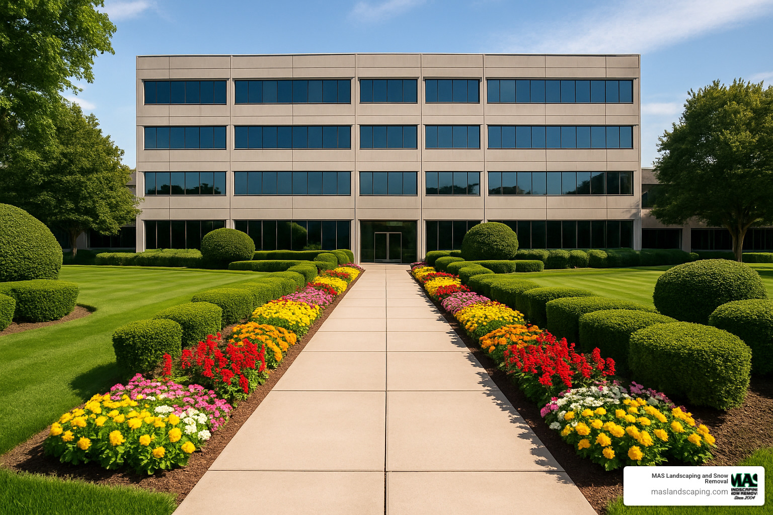 Well-maintained commercial property entrance with manicured lawn and seasonal flowers - commercial landscape maintenance services