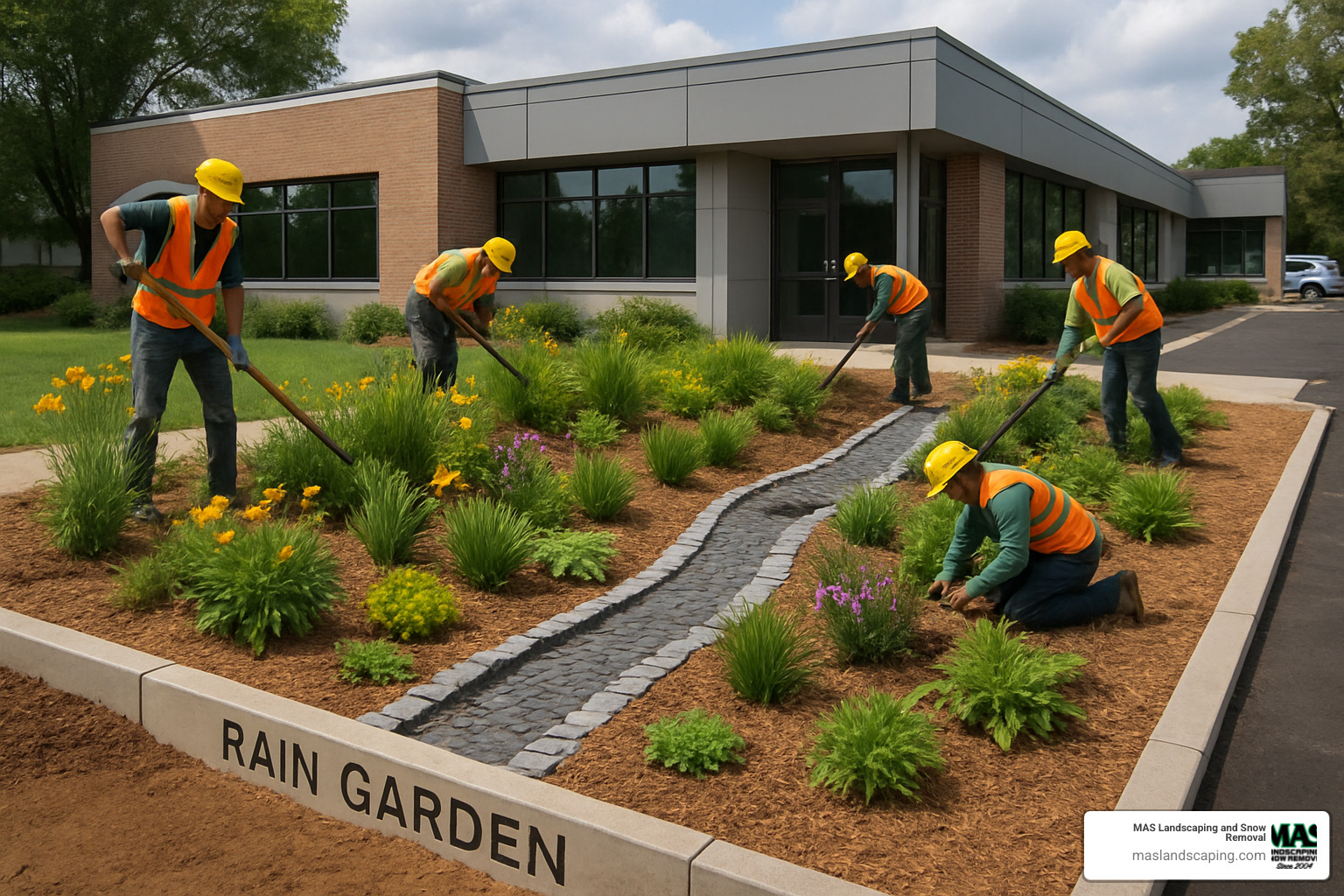 Rain garden installation with native plants managing stormwater runoff from commercial building - commercial landscape maintenance services