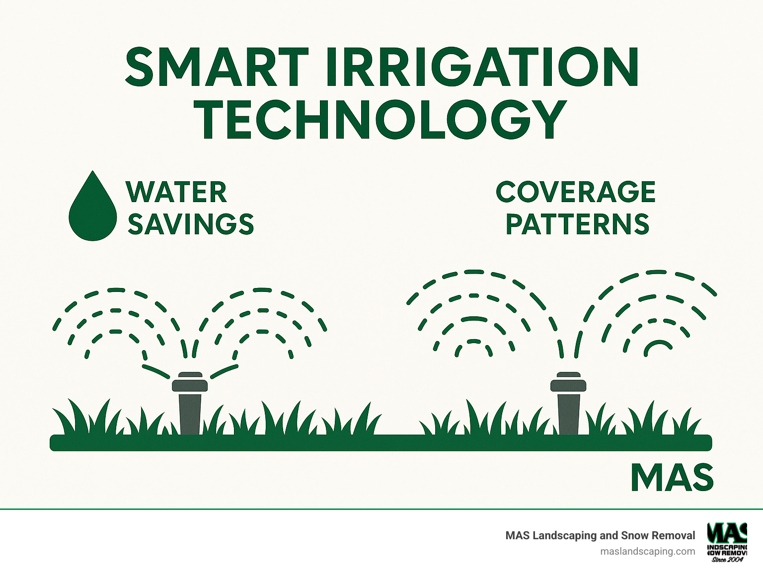 Smart irrigation technology diagram showing water savings and coverage patterns - commercial landscape maintenance services infographic 