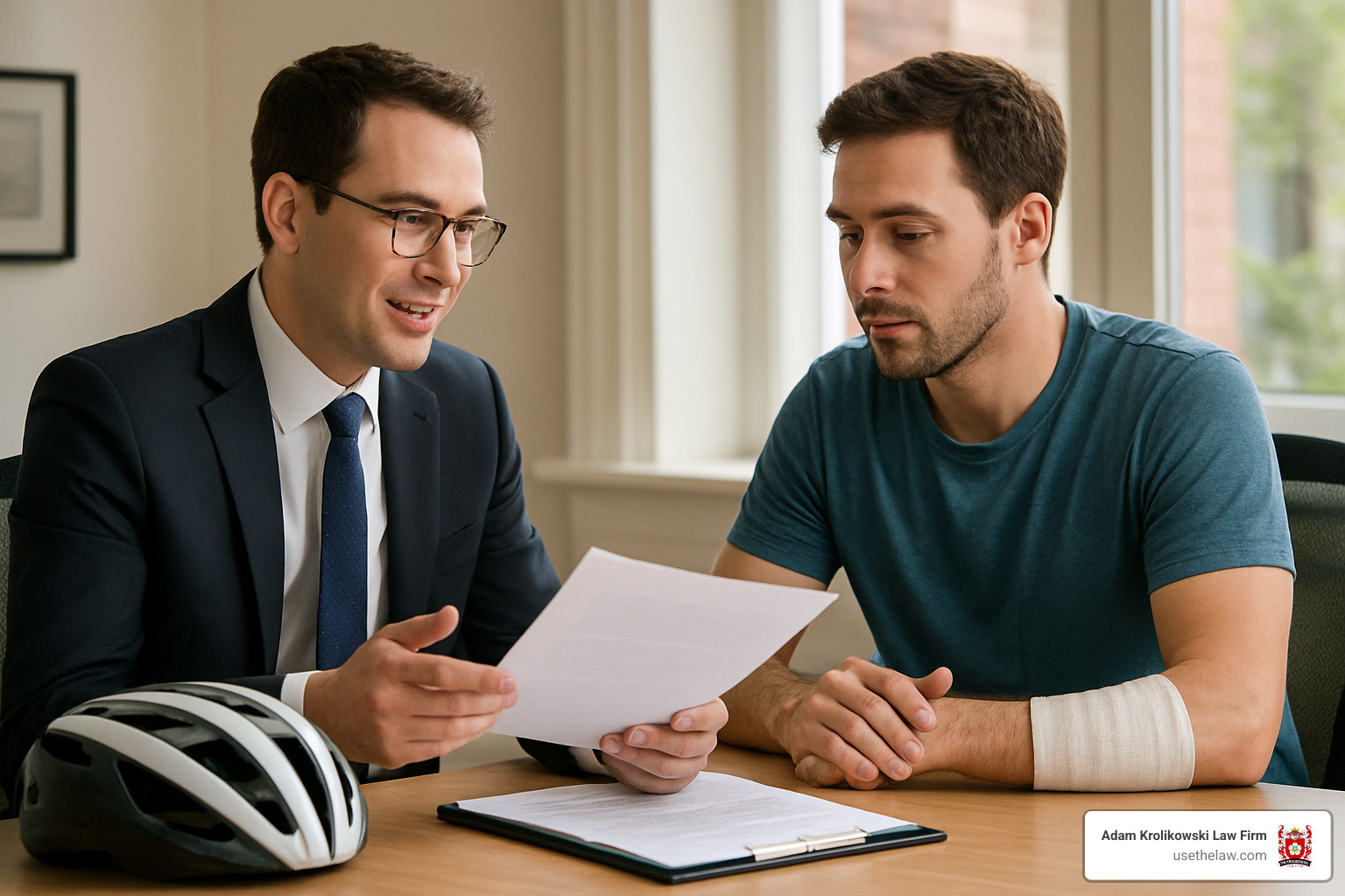 bicycle accident lawyer meeting with injured cyclist - bicycle accident lawyer