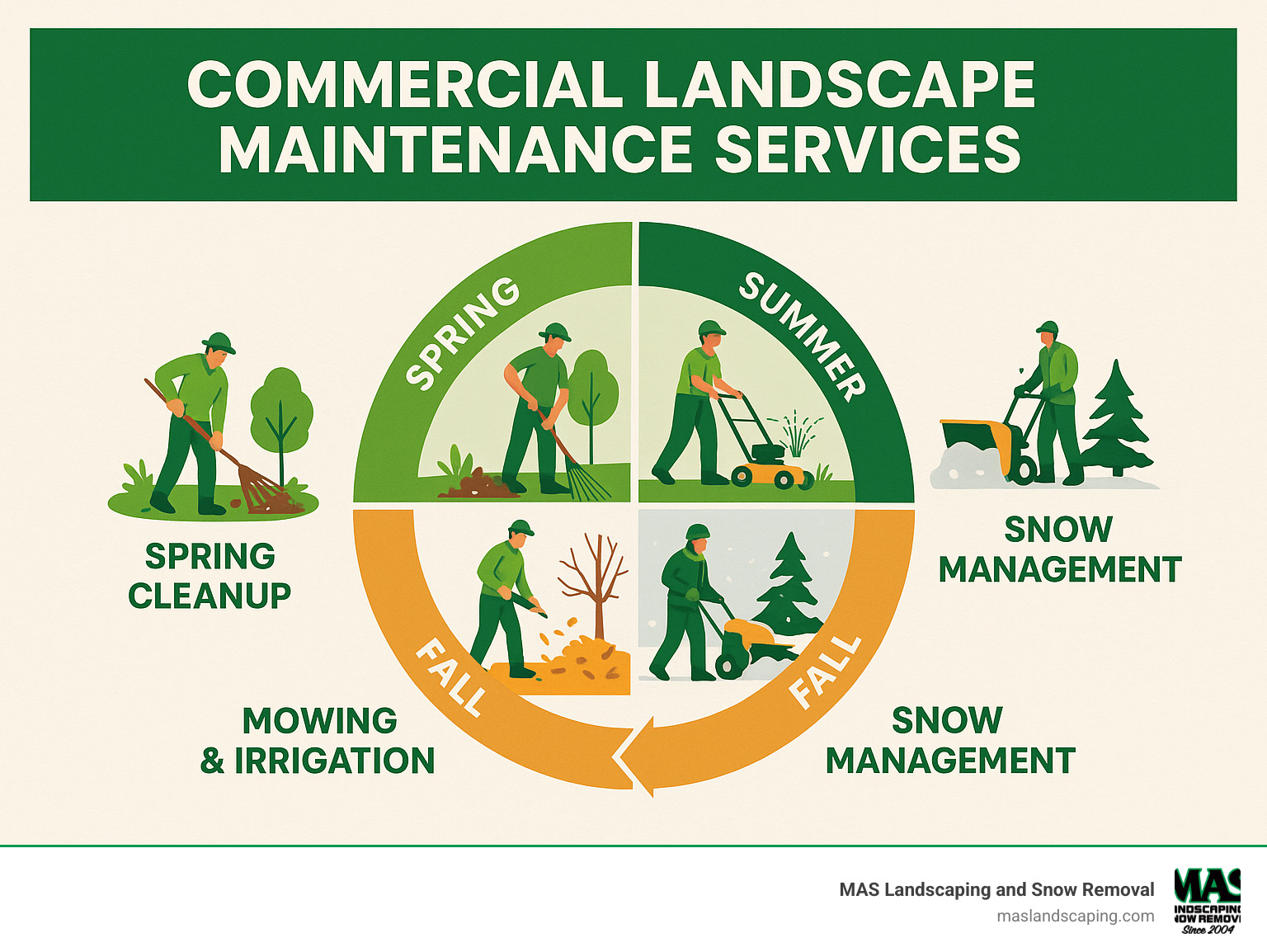 Detailed infographic showing the complete commercial landscape maintenance cycle through all four seasons, including spring cleanup, summer mowing and irrigation, fall leaf removal, and winter snow management services - commercial landscape maintenance services infographic 