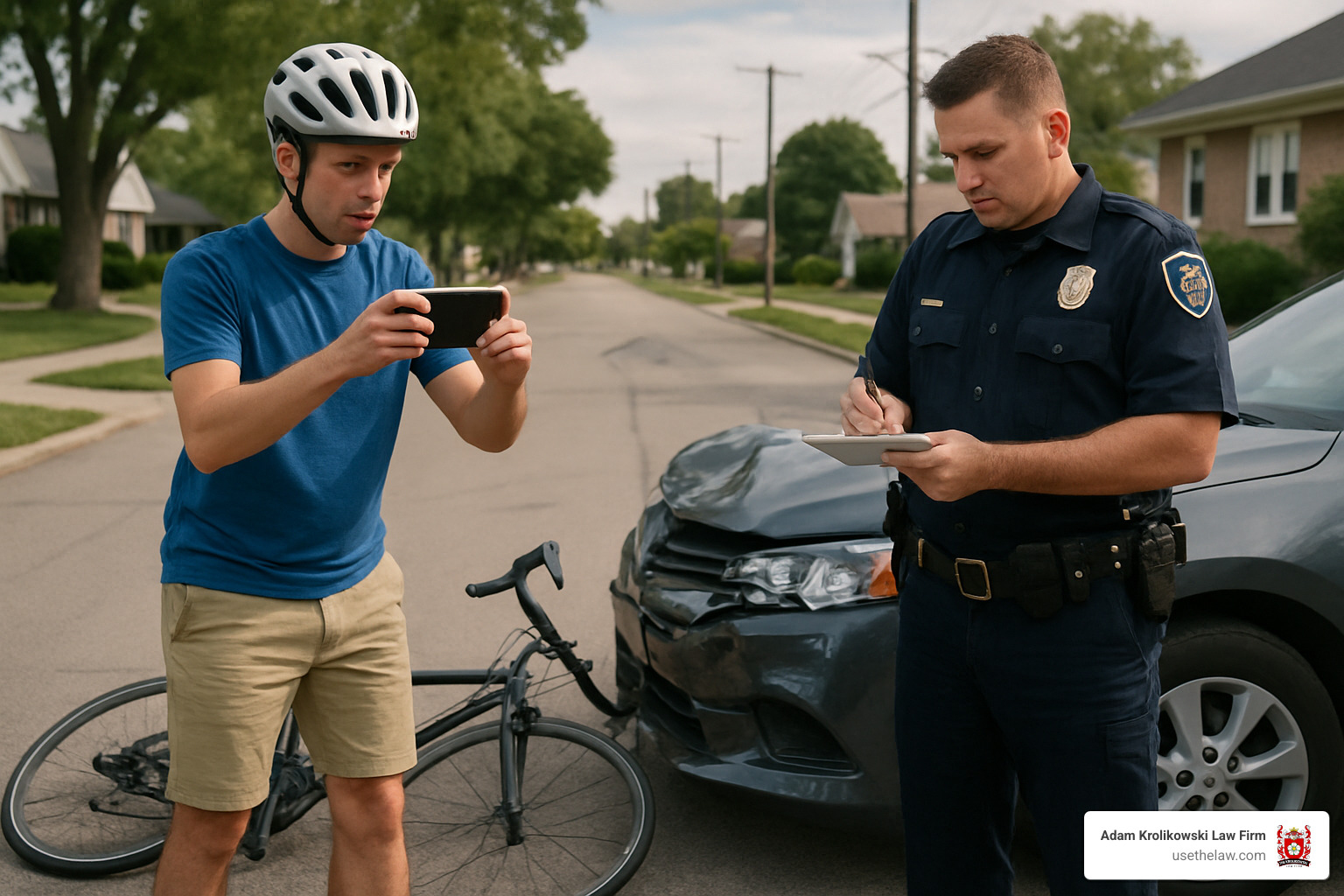 cyclist documenting crash scene with police officer - bicycle accident lawyer