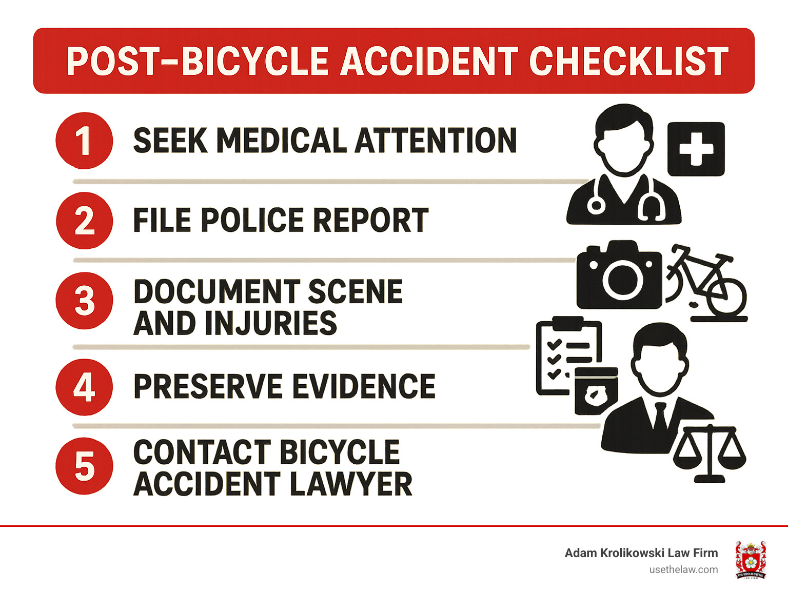 Post-bicycle accident checklist showing 5 steps: 1. Seek medical attention, 2. File police report, 3. Document scene and injuries, 4. Preserve evidence, 5. Contact bicycle accident lawyer - bicycle accident lawyer infographic 