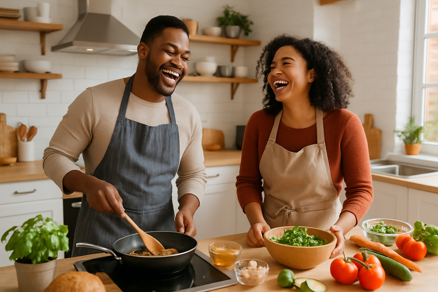 couple laughing while cooking together - local cooking classes for couples