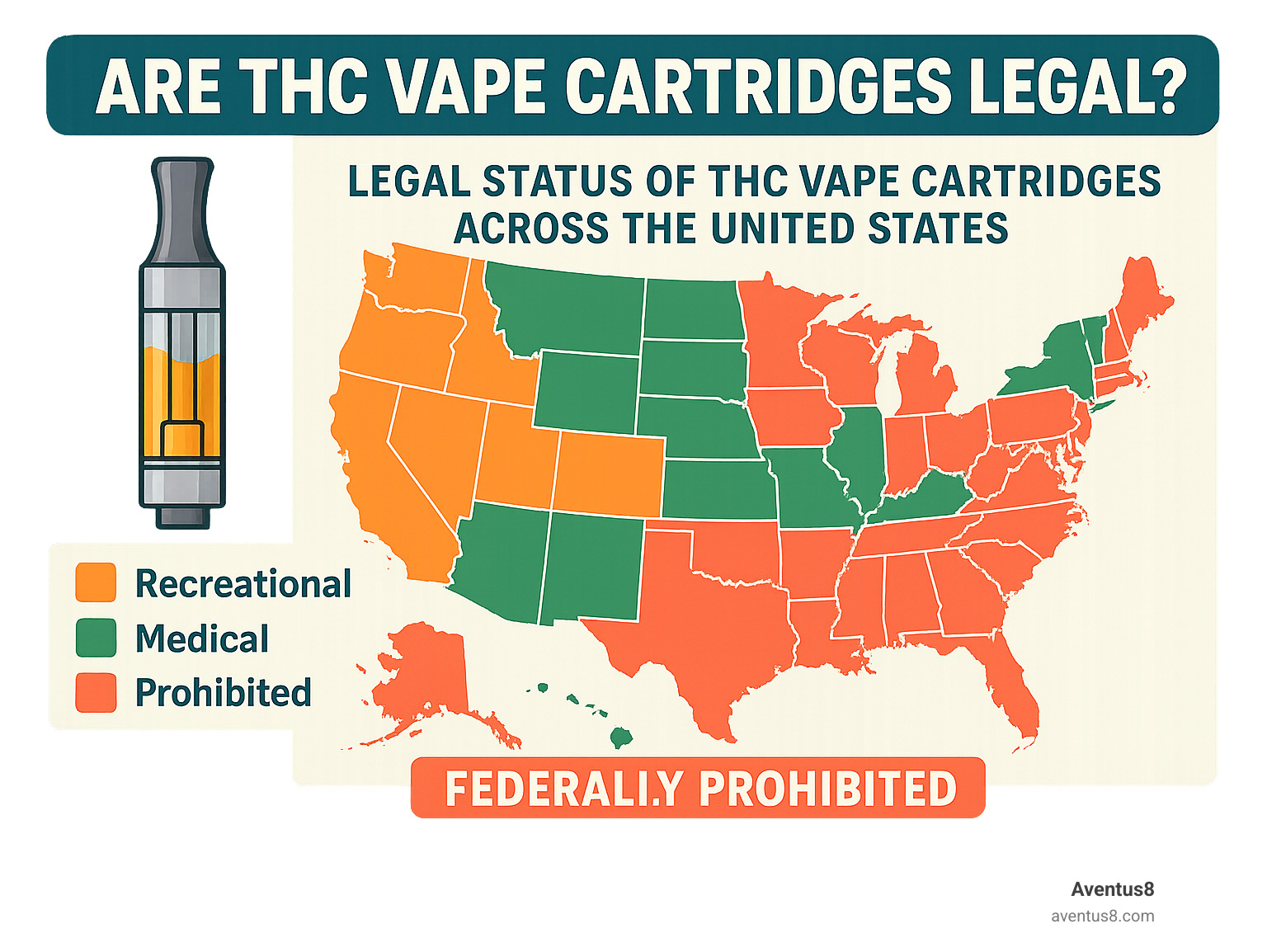 Legal status of THC vape cartridges across the United States showing federal prohibition vs state recreational/medical allowances, with color-coded map highlighting legal recreational states, medical-only states, and prohibition states - are thc vape cartridges legal infographic 