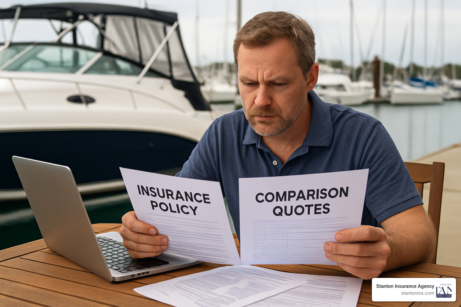 Boat owner reviewing insurance policy documents and quote comparisons - insurance for boats