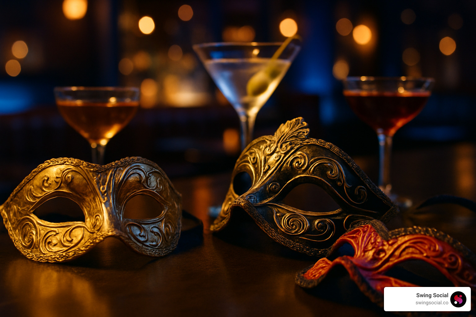 Masquerade masks on a bar - swinger events going on near me today