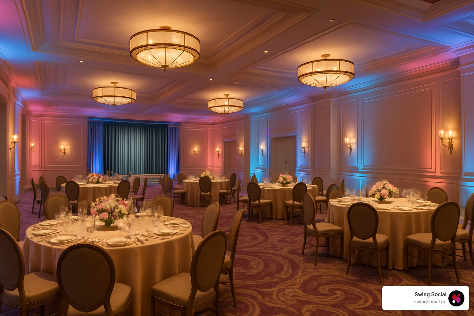 Hotel ballroom with mood lighting - swinger events going on near me today