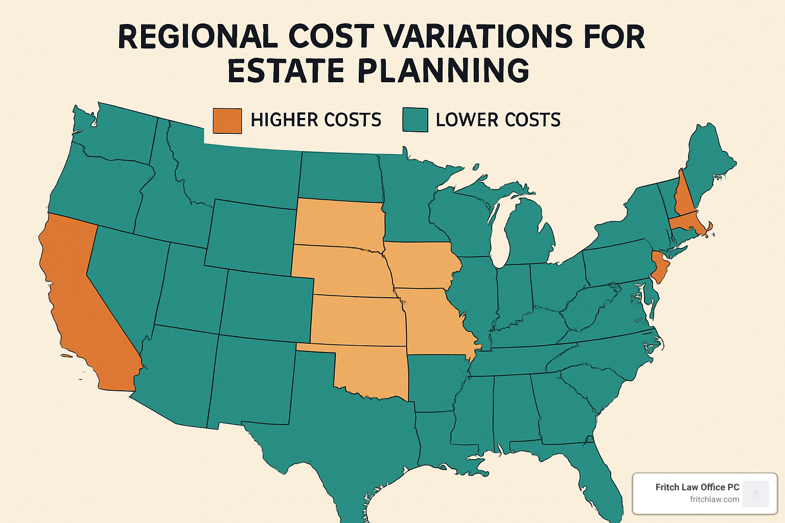US map showing regional cost variations for estate planning - estate planning attorney flat fee