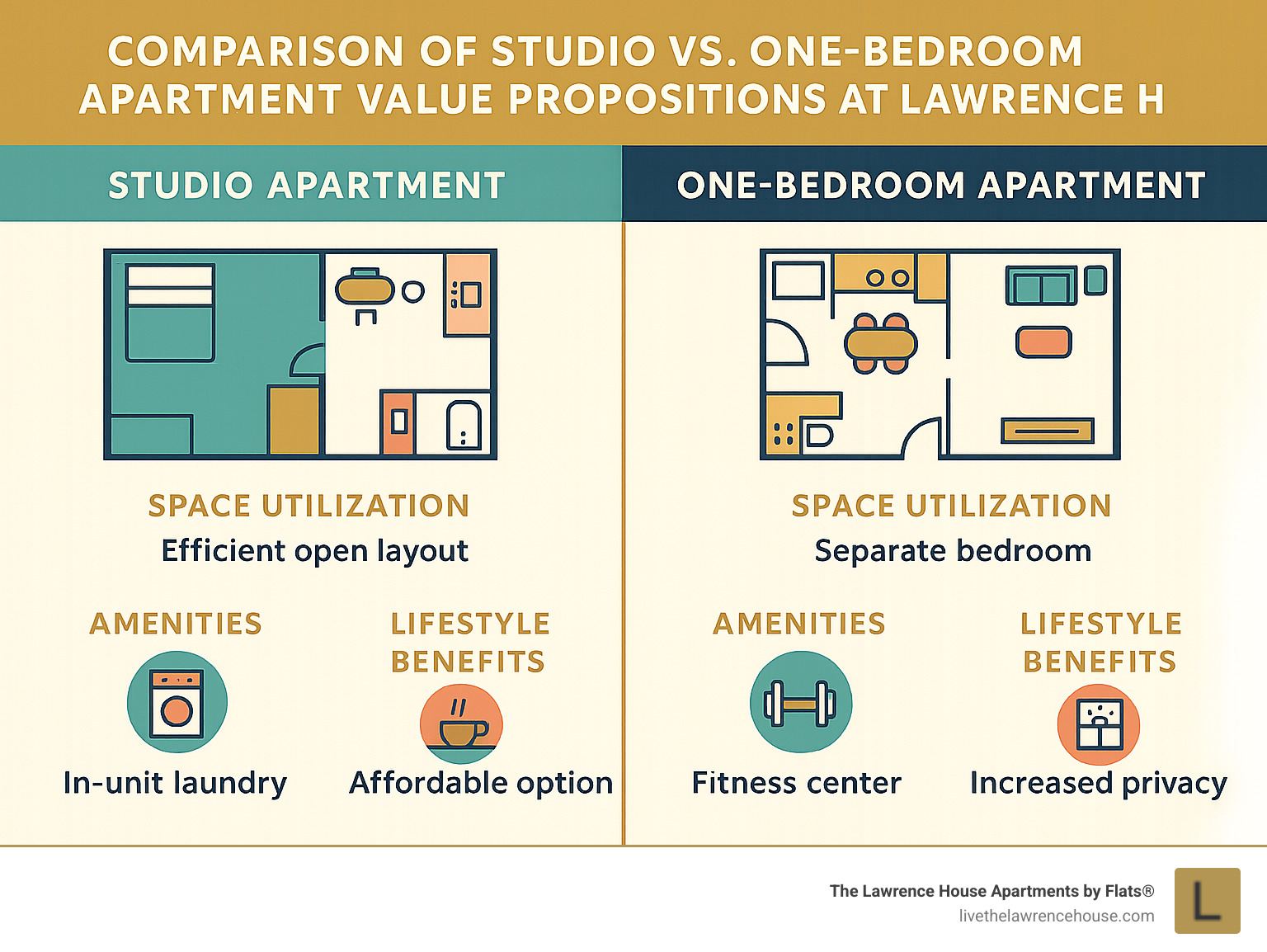 Comparison of studio vs one-bedroom apartment value propositions at Lawrence House showing space utilization, amenities, and lifestyle benefits - lawrence house apartments chicago infographic 