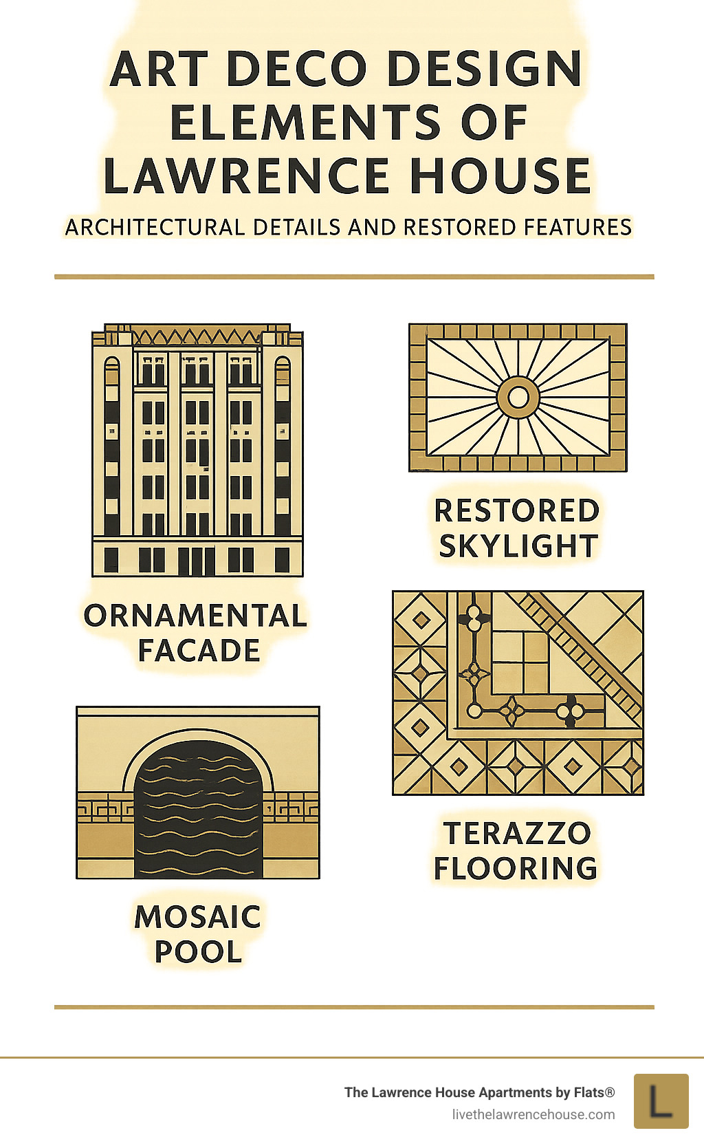 Art Deco design elements of Lawrence House showing architectural details and restored features - lawrence house apartments chicago infographic 