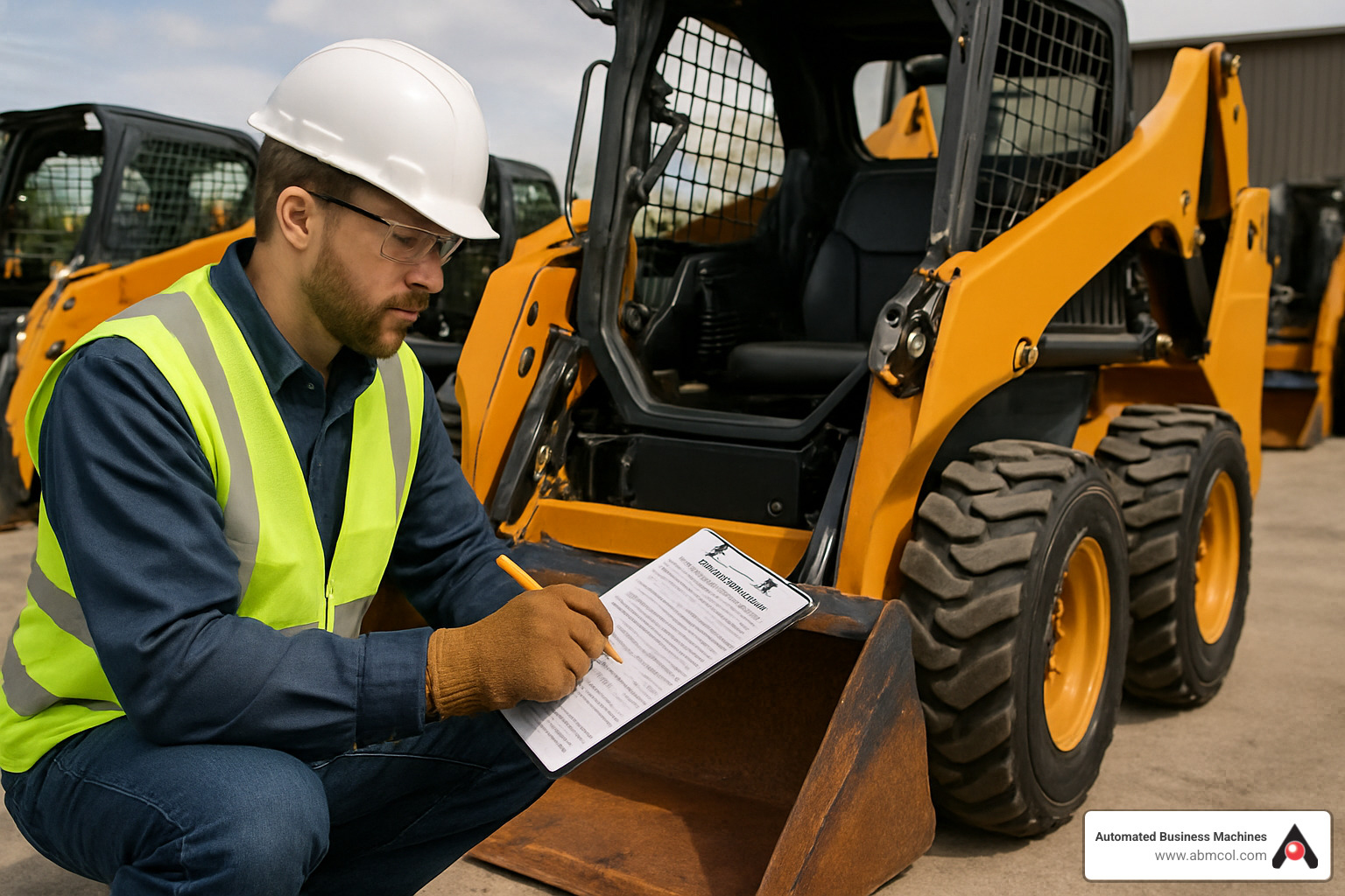 Technician performing safety inspection on a skid steer loader before rental - equipment rentals columbus ga Technician performing safety inspection on a skid steer loader before rental - equipment rentals columbus ga