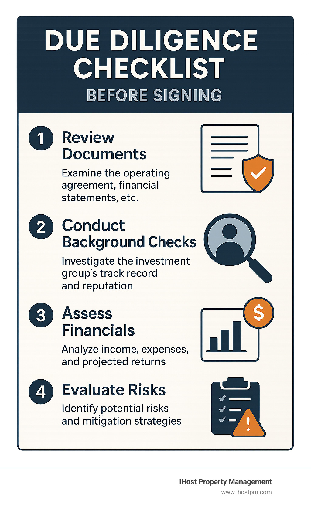 Step-by-step due diligence process for evaluating real estate investment groups, including document review, background checks, and financial analysis - real estate investment group infographic 