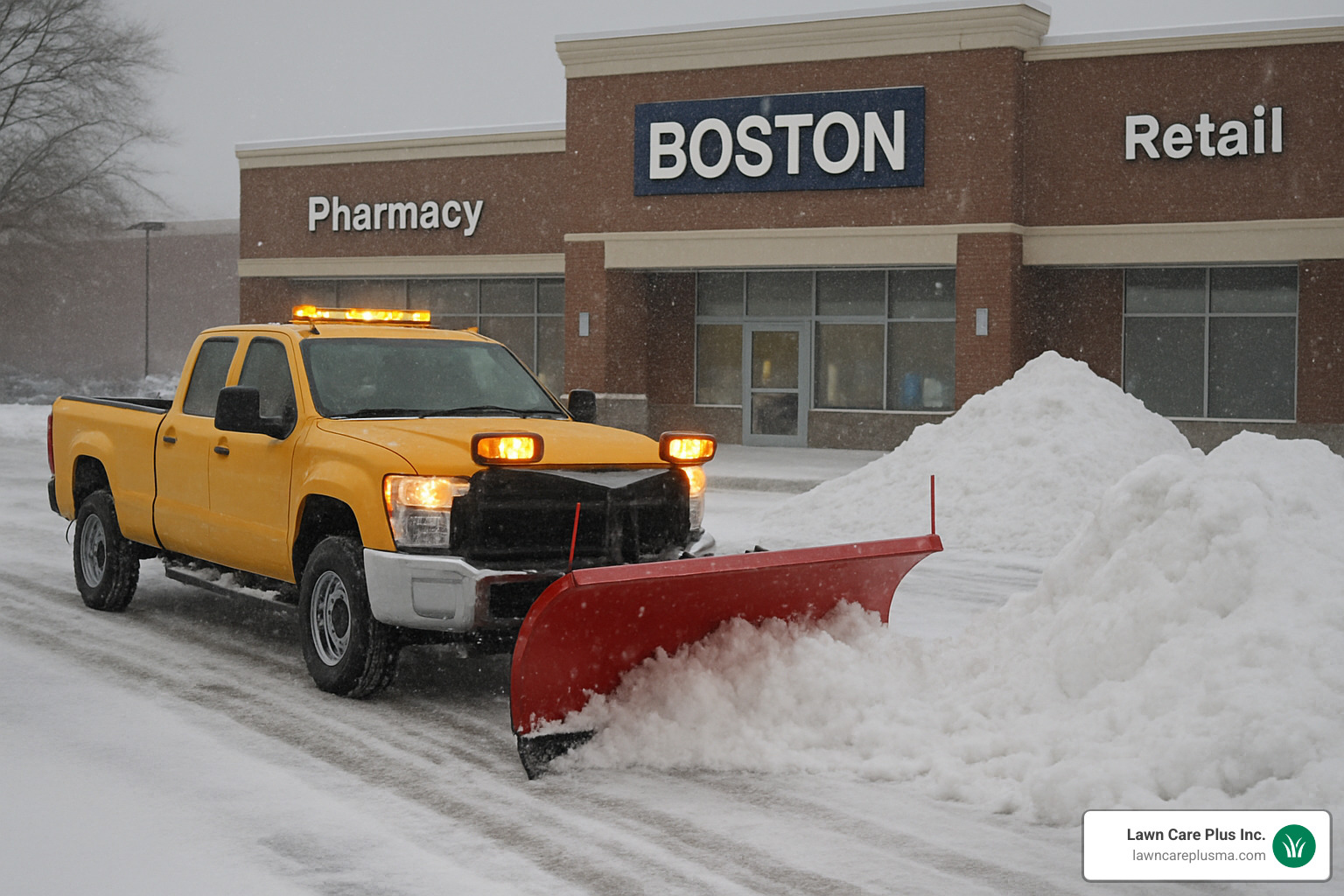 commercial snow plow clearing a business parking lot - landscape boston ma