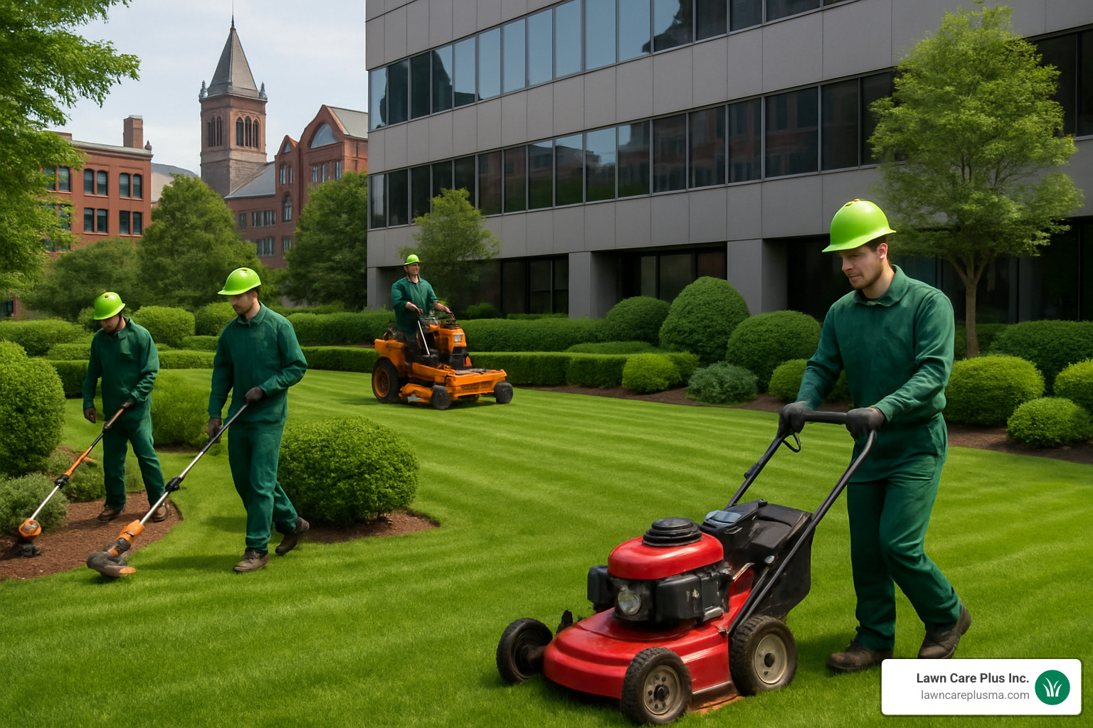 professional landscaping crew working on commercial property - landscape boston ma