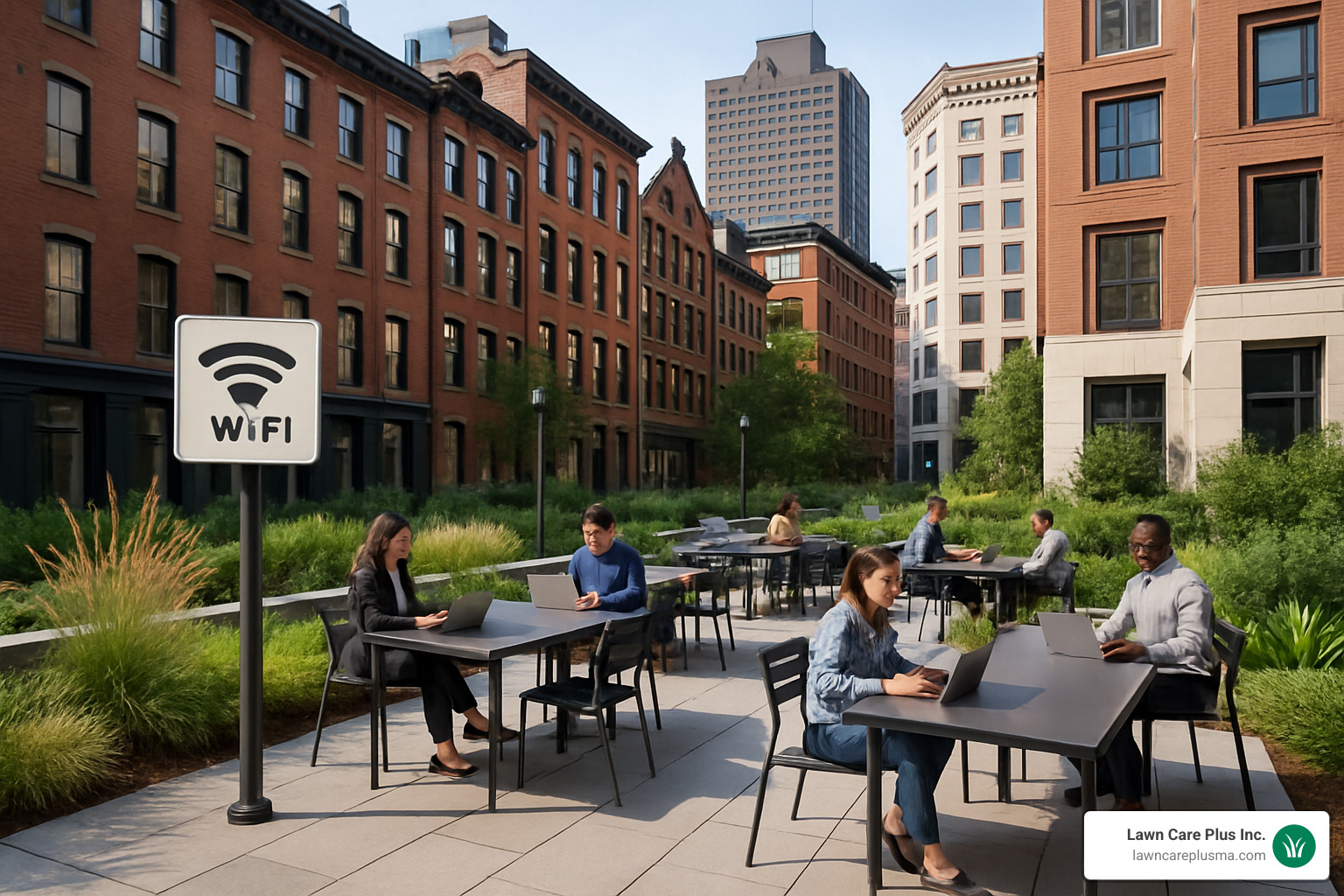 modern commercial patio with outdoor workstations and native plantings - landscape boston ma