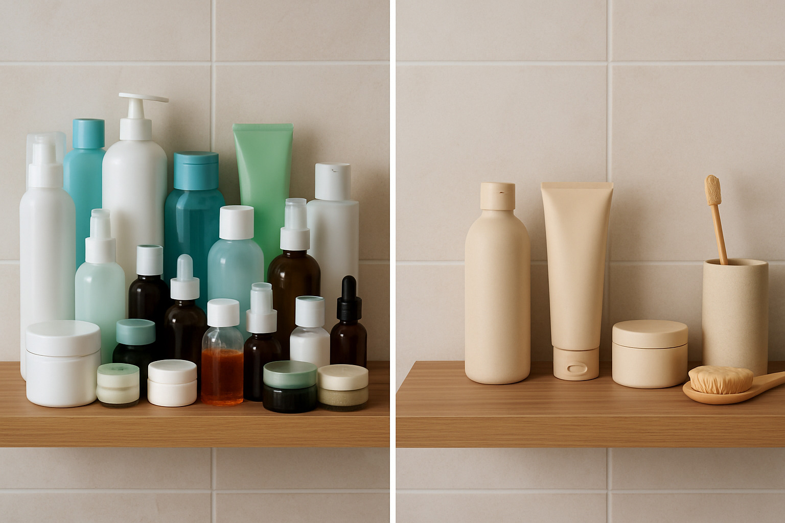Comparison of cluttered skincare shelf versus minimalist organized shelf - Mindful skincare practices