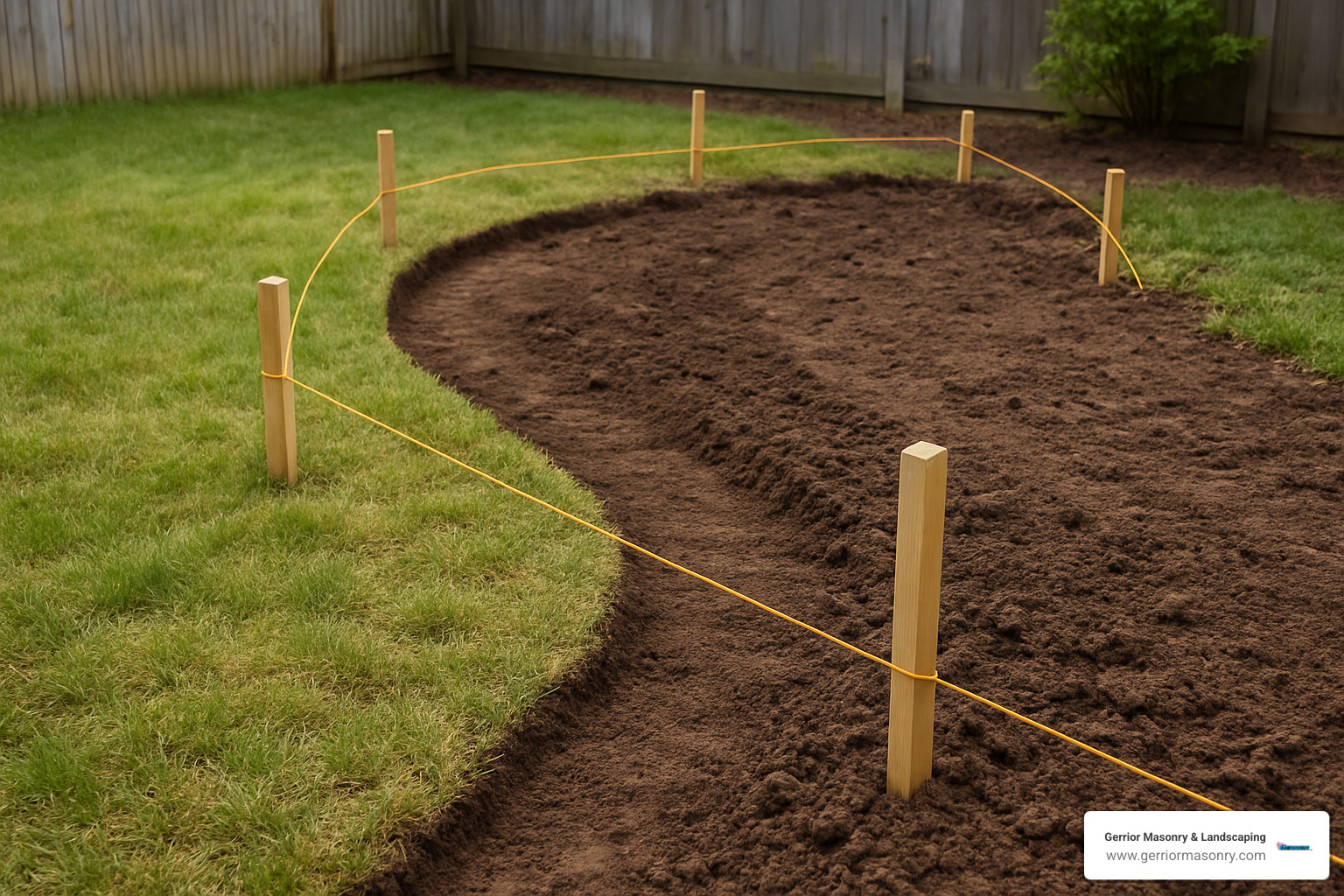 garden border layout marked with stakes and string - Stone garden edging installation