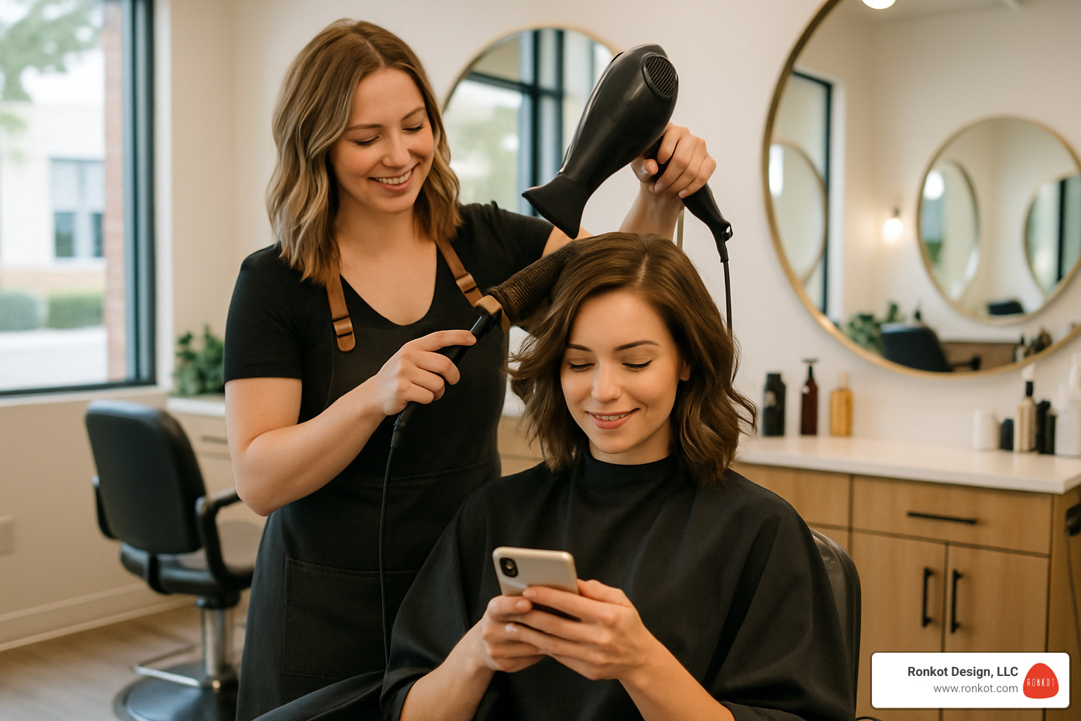salon client getting hair done while looking at phone - Hair salon SEO services