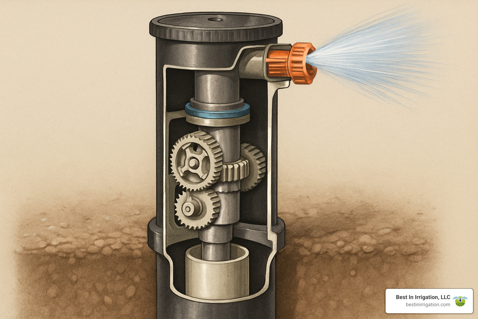 Cutaway view of rotor sprinkler mechanism - best retic sprinklers