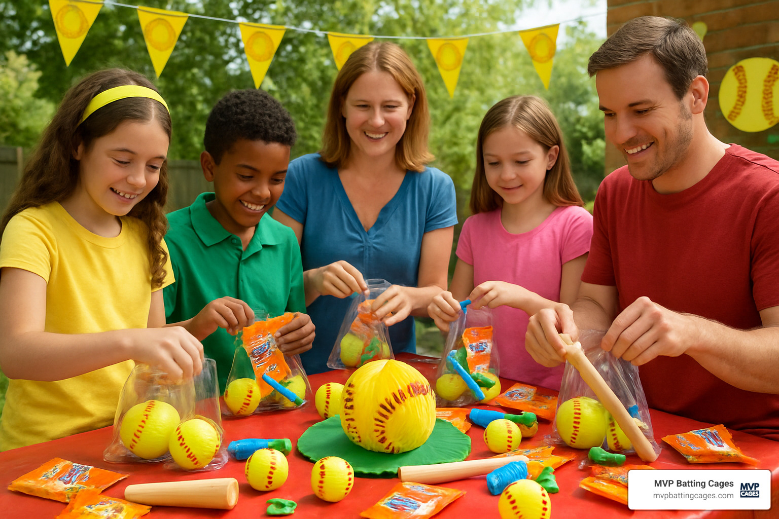 goody-bag assembly line for softball party - softball birthday party ideas