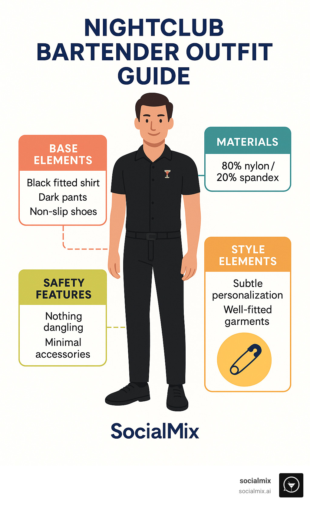Nightclub bartender outfit guide showing black fitted shirts, dark pants, non-slip shoes, and minimal accessories with details on fabric recommendations (80% nylon/20% spandex), safety features (nothing dangling), and style elements (subtle personalization through pins and well-fitted garments) - nightclub bartender outfits infographic 