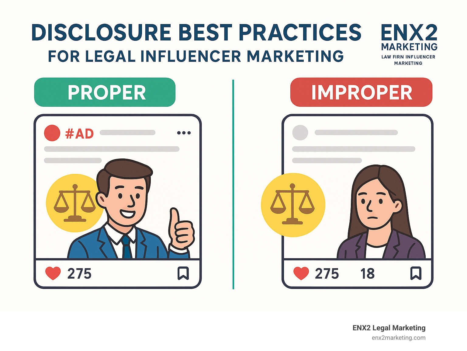 Disclosure best practices for legal influencer marketing showing proper vs improper disclosure examples - Law firm influencer marketing infographic 