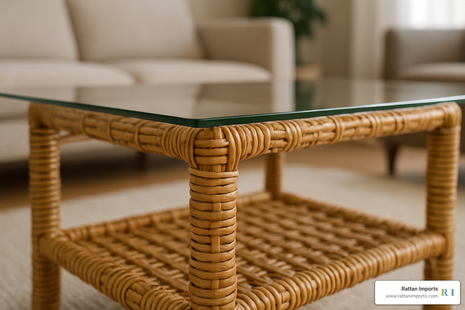 close-up view of woven rattan base supporting a glass tabletop - rattan coffee tables