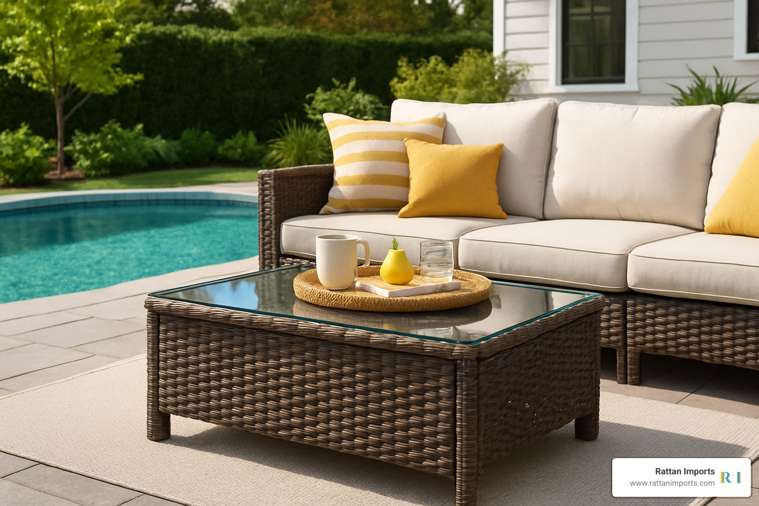 poolside setting with all-weather rattan coffee table - rattan coffee tables