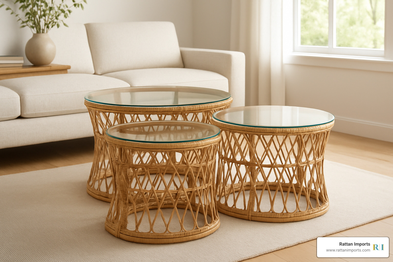 nested set of three rattan coffee tables fanned out to show different sizes - rattan coffee tables