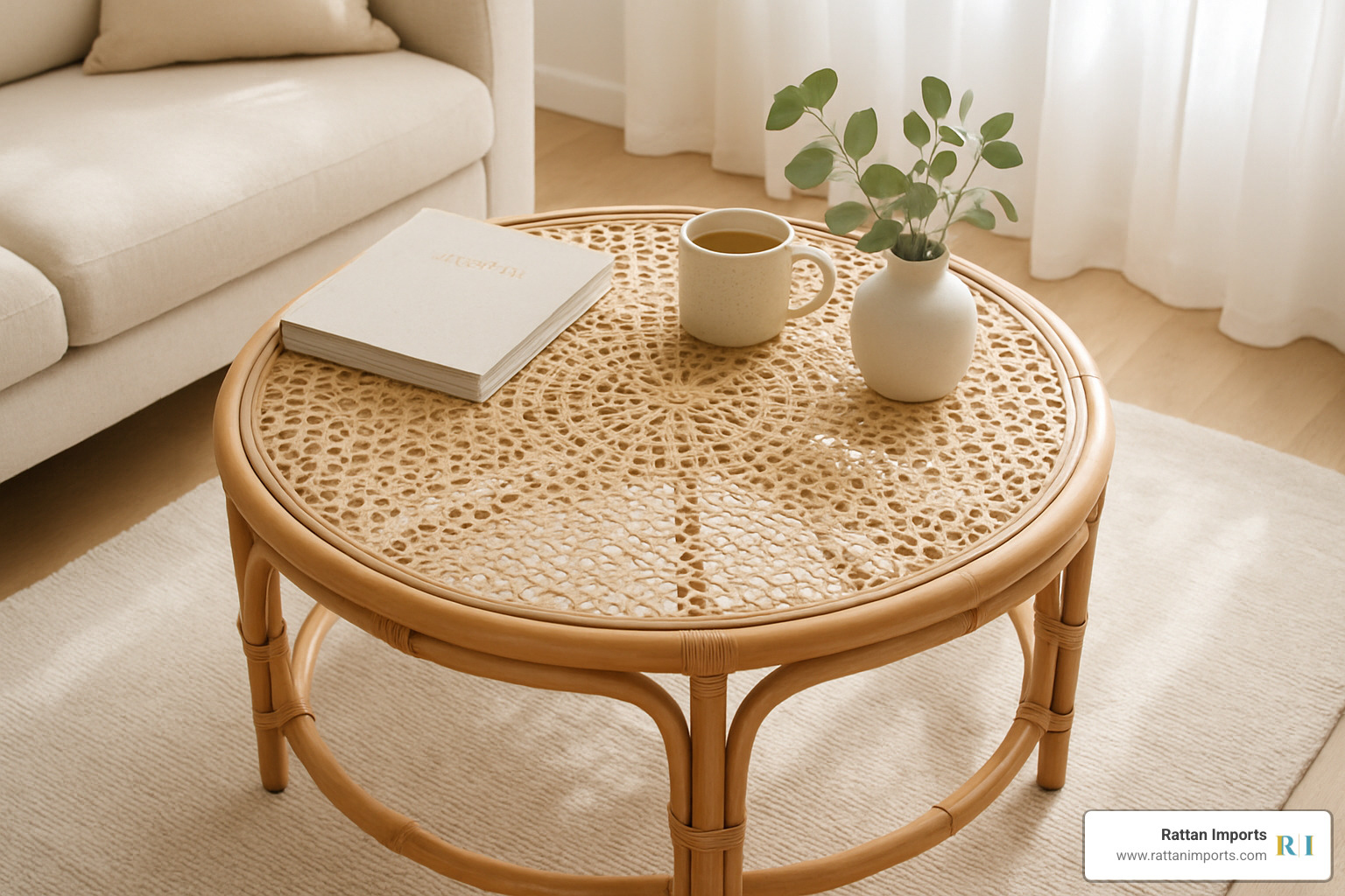 overhead view of round rattan coffee table showing intricate weave pattern - rattan coffee tables