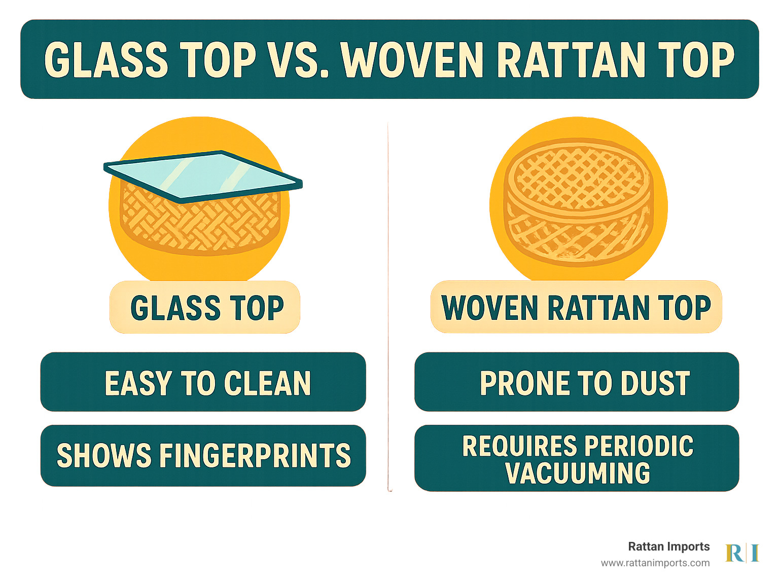 Comparison chart showing maintenance requirements for glass tops versus woven rattan tops - rattan coffee tables infographic 