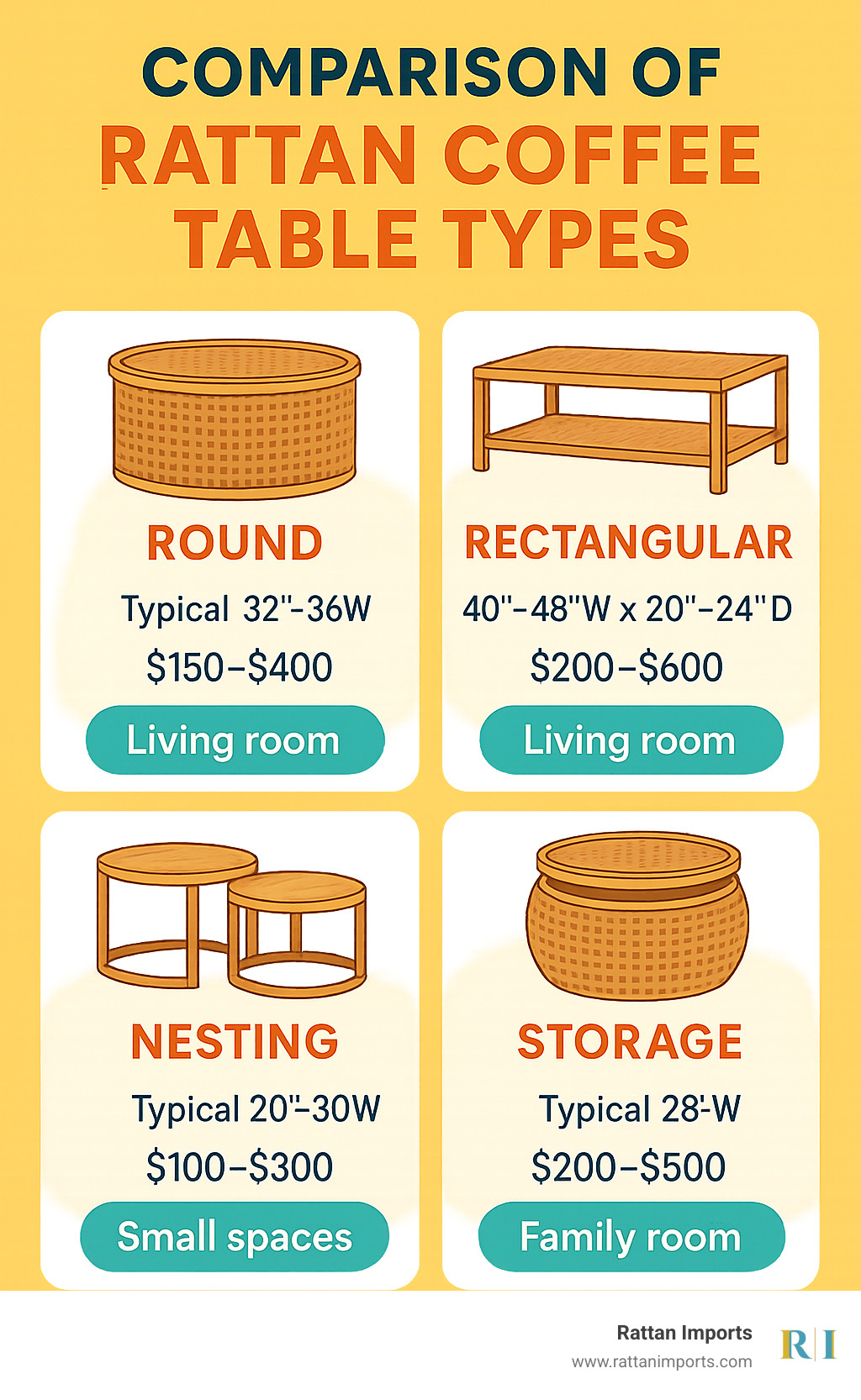 Comparison of rattan coffee table types showing round, rectangular, nesting, and storage options with their typical dimensions, price ranges, and best room placements - rattan coffee tables infographic 
