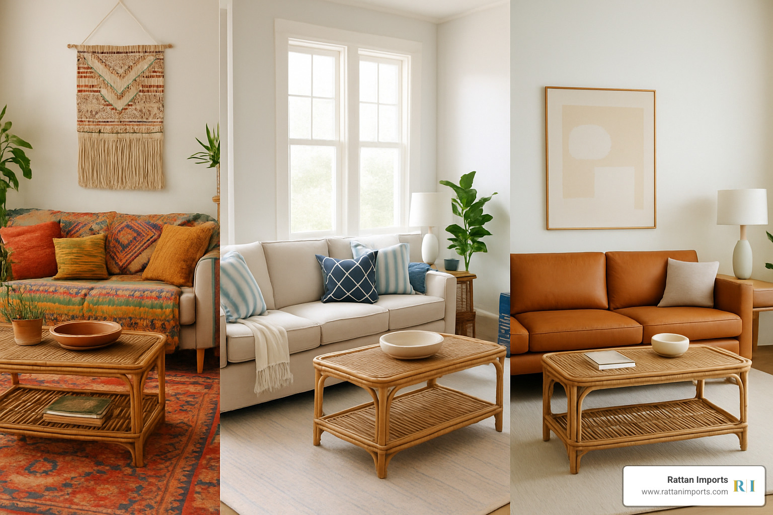 Three different styled living rooms featuring rattan coffee tables in bohemian, coastal, and mid-century modern settings - rattan coffee tables