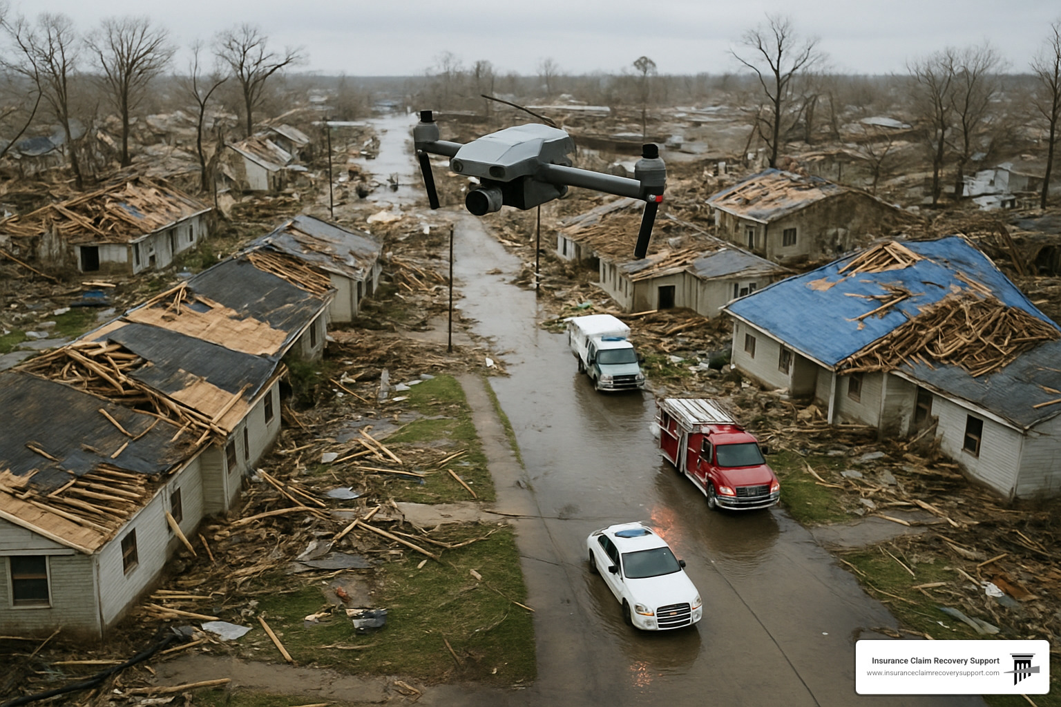 drone capturing aerial imagery of hurricane damage - hurricane damage assessment