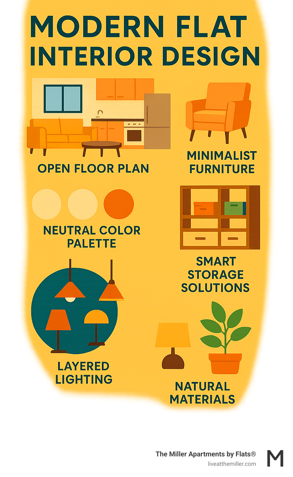 Modern flat interior design infographic showing key elements: open floor plans, minimalist furniture, neutral color palette with accent colors, smart storage solutions, layered lighting, and natural materials, all arranged in a clean, visually appealing layout - modern flat interior design infographic 